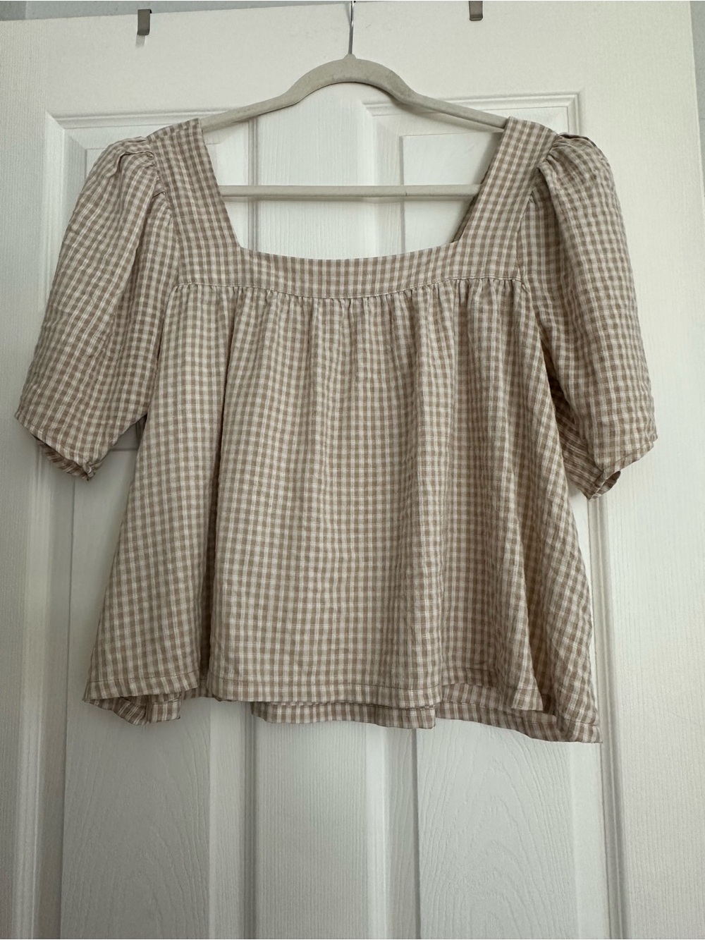 Treasure & Bond Beige Gingham Square-Neck Peasant Top